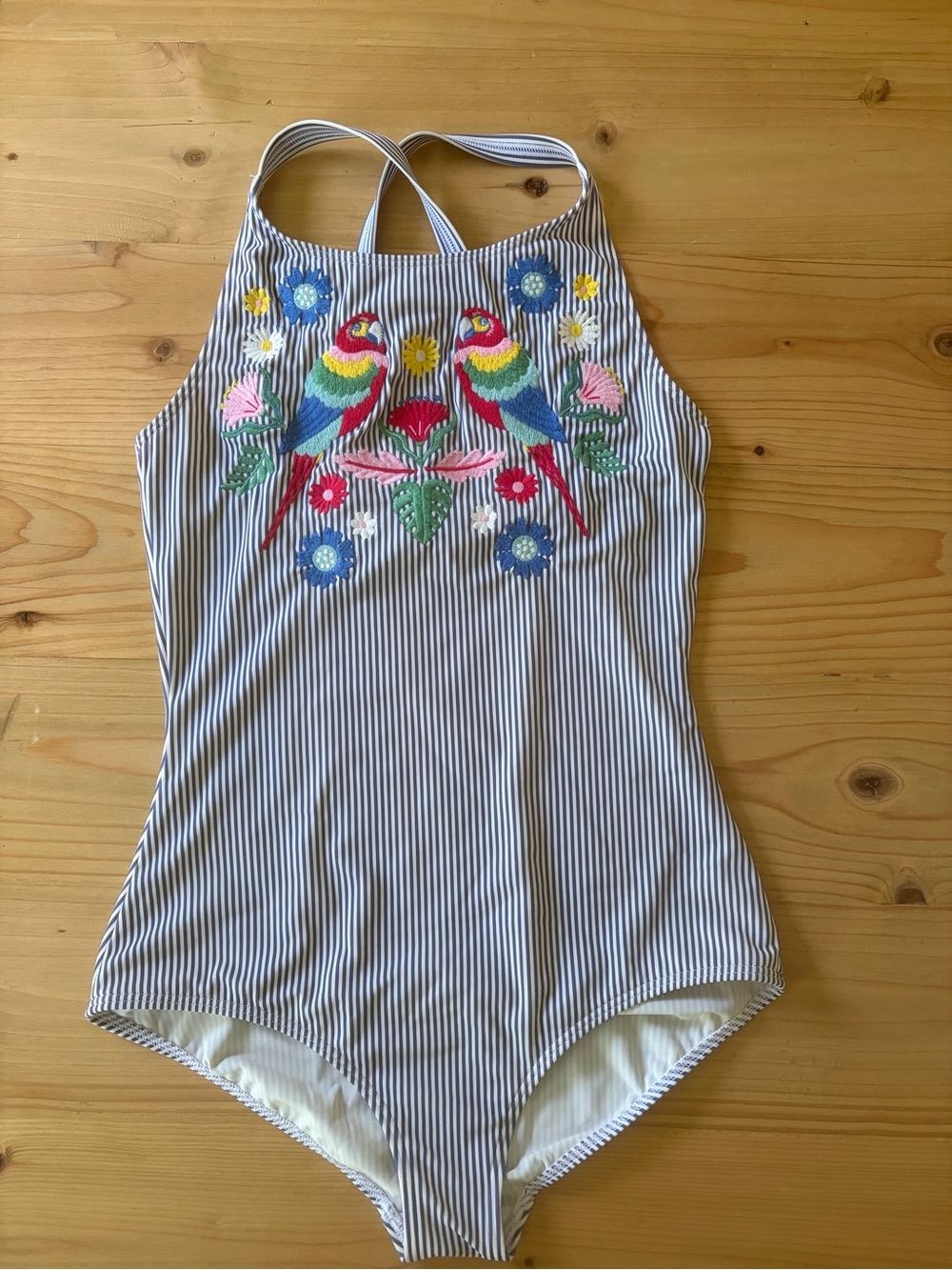 Boden blue and white striped parrot floral bathingsuit girls 14 fits women XS-S